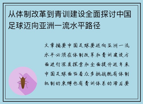 从体制改革到青训建设全面探讨中国足球迈向亚洲一流水平路径