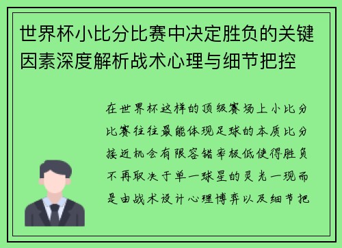 世界杯小比分比赛中决定胜负的关键因素深度解析战术心理与细节把控